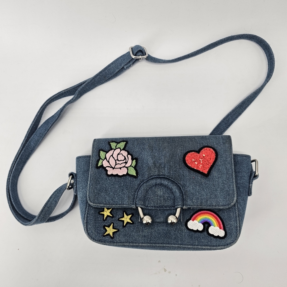 Denim crossbody bag with patches adjustable strap